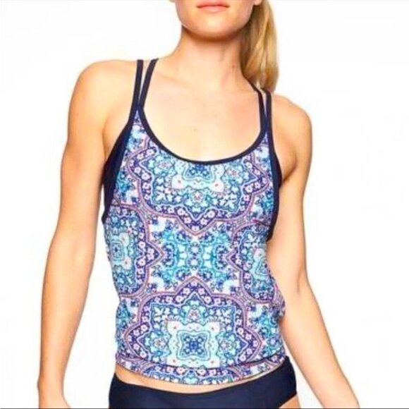 Athleta Monaco Blue Multicolor Patterned Swim Tankini Top Women’s Size 34 B/C - Picture 1 of 7